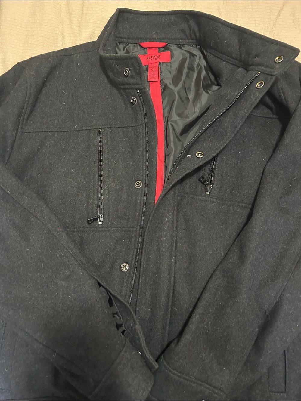 Alfani Men's Black Wool-Blend Pea Coat with Red Trim